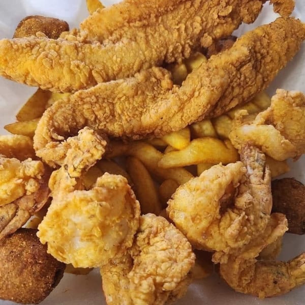 A Taste of New Orleans' fried catfish, shrimp, hush puppies, and french fries.