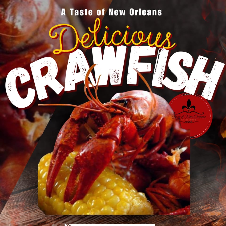 A Taste of New Orleans' Delicious Crawfish, with red crawfish and corn on the cob.
