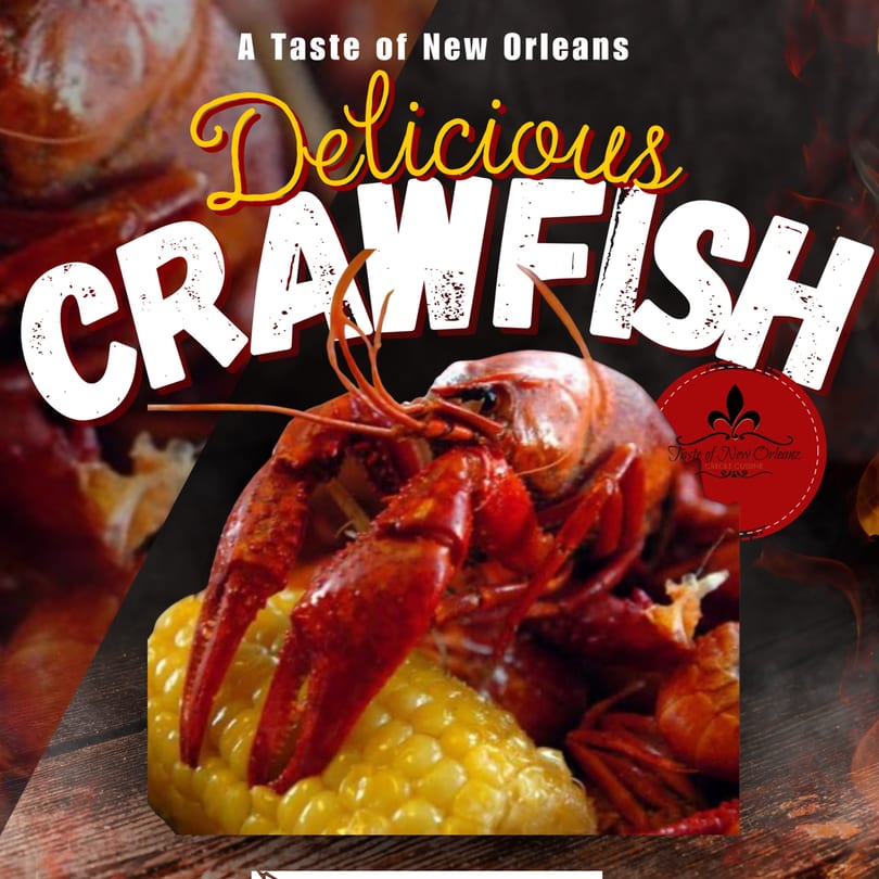 A Taste of New Orleans' Delicious Crawfish, with red crawfish and corn on the cob.