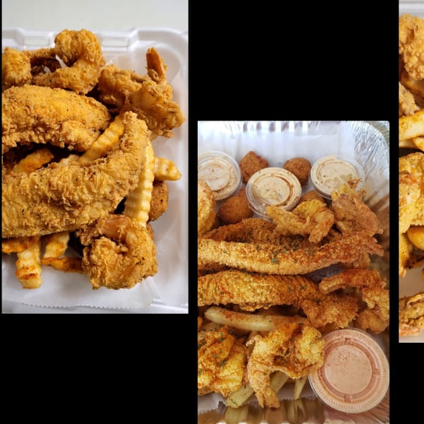 Cajun fried shrimp, fish, and fries with dipping sauces in a to-go container.