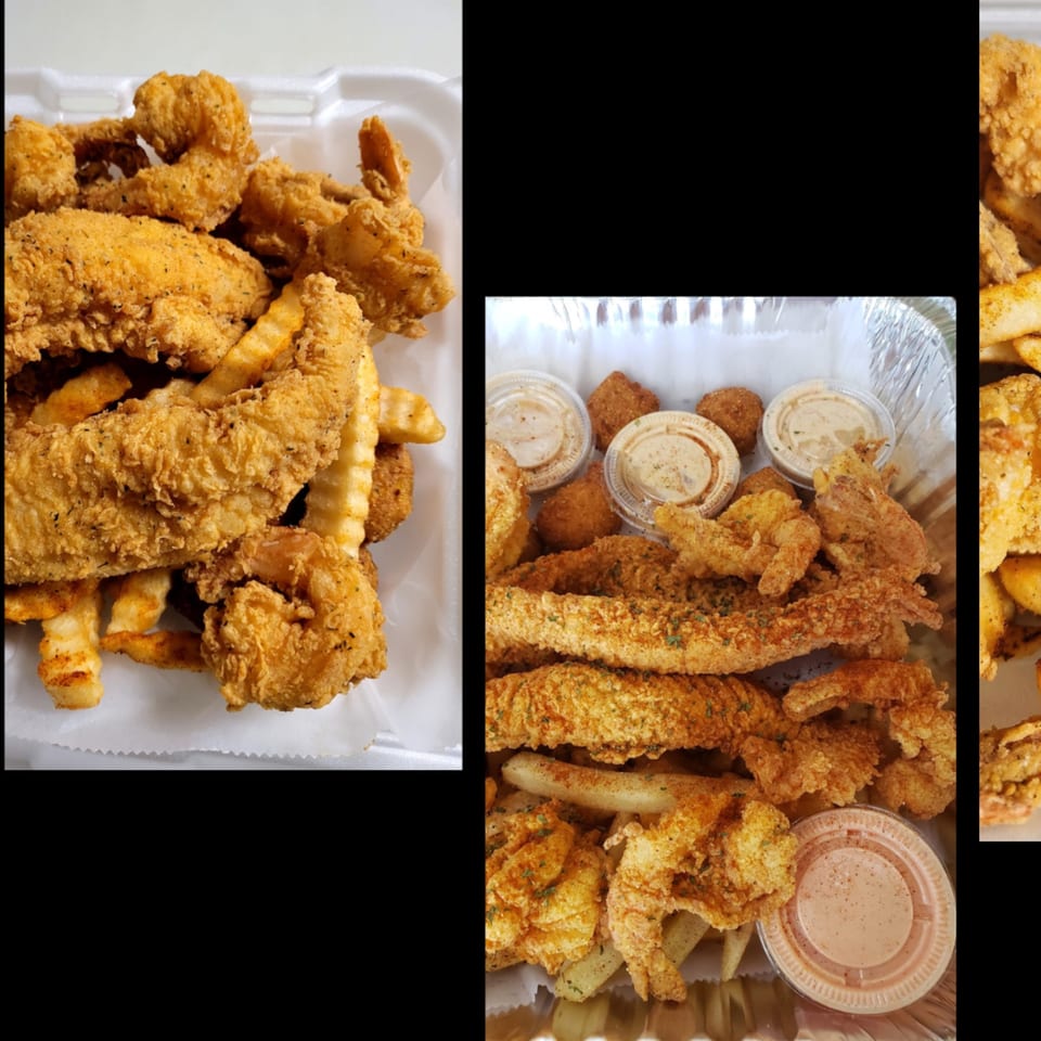 Cajun fried shrimp, fish, and fries with dipping sauces in a to-go container.